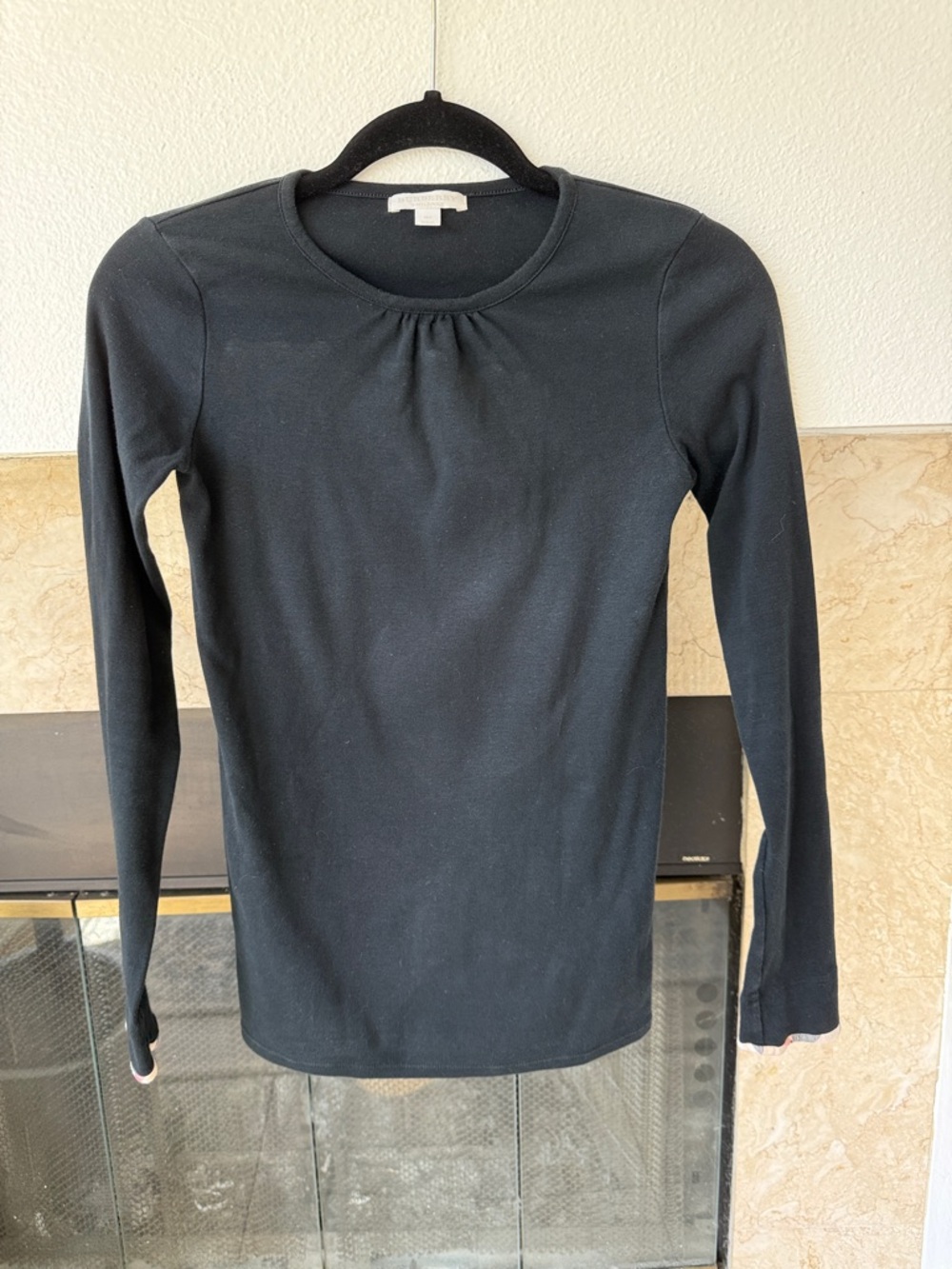 Burberry Black Long Sleeve Tee with Subtle Neck Pleat